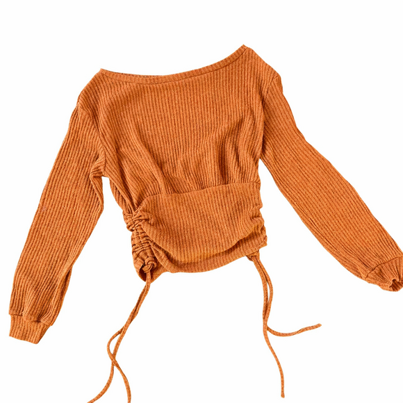 Streetwear barrel sleeve ribbed boat neck cropped long sleeve top small sienna - Picture 6 of 6